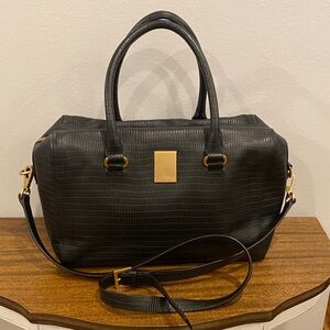 Couronne Top-Handle Bag w/Crossbody Strap in Croc Embossed Dark Grey Leather